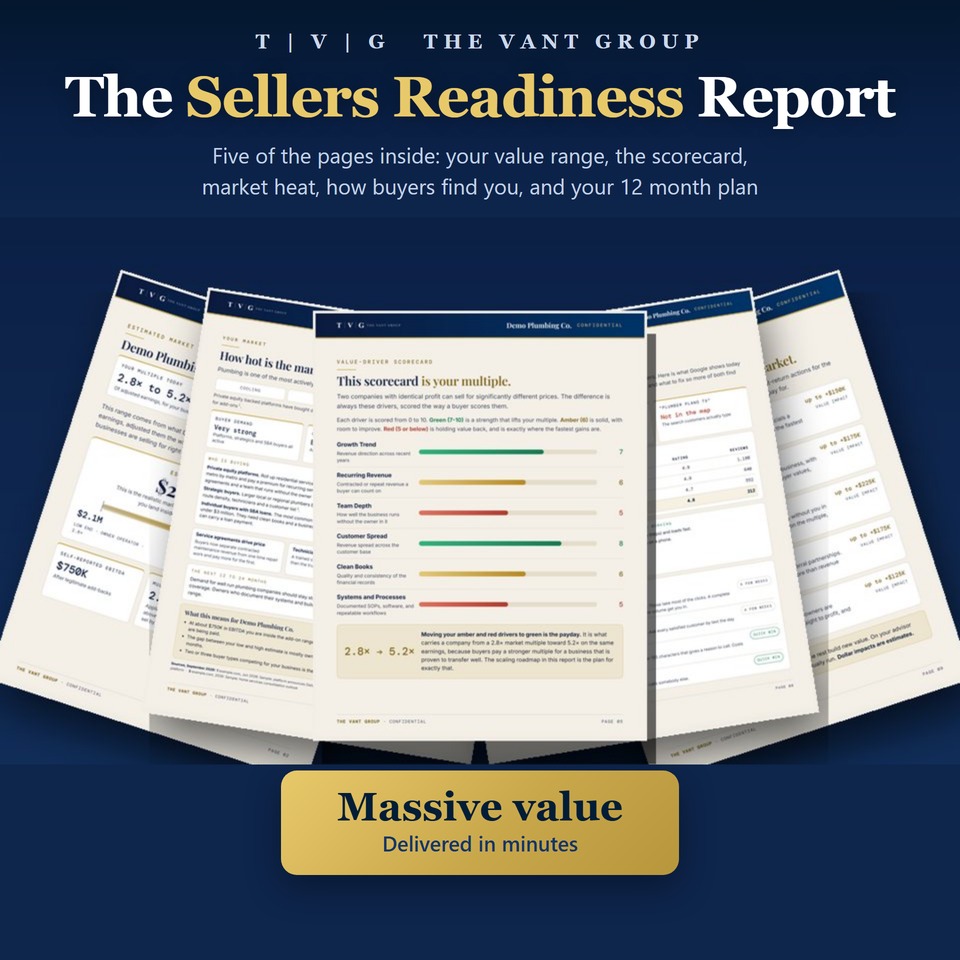 Three pages of the Owner's Valuation Report fanned out, showing the value range, the multiple analysis and the value driver scorecard.